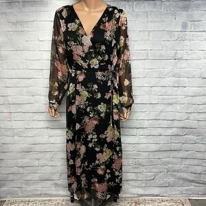 Vince Camuto Dress Womens Medium Black Floral Chifron Maxi Wrap Cottage Core